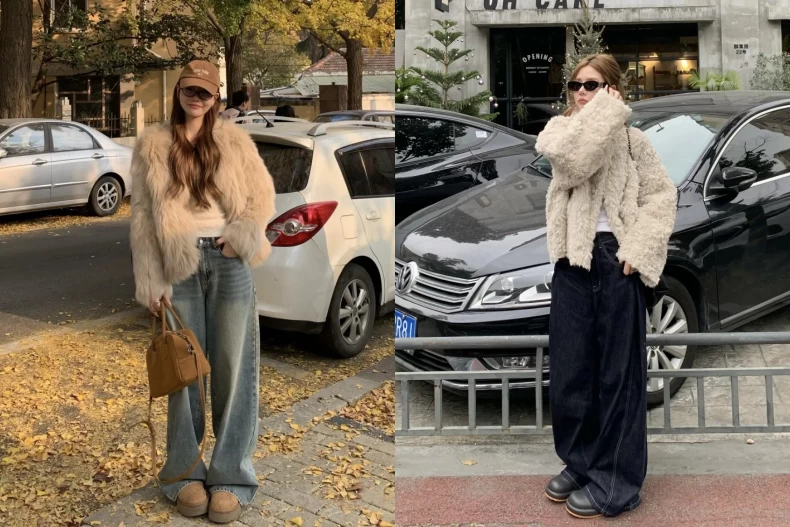 faux fur jacket paired with a turtleneck sweater and jeans