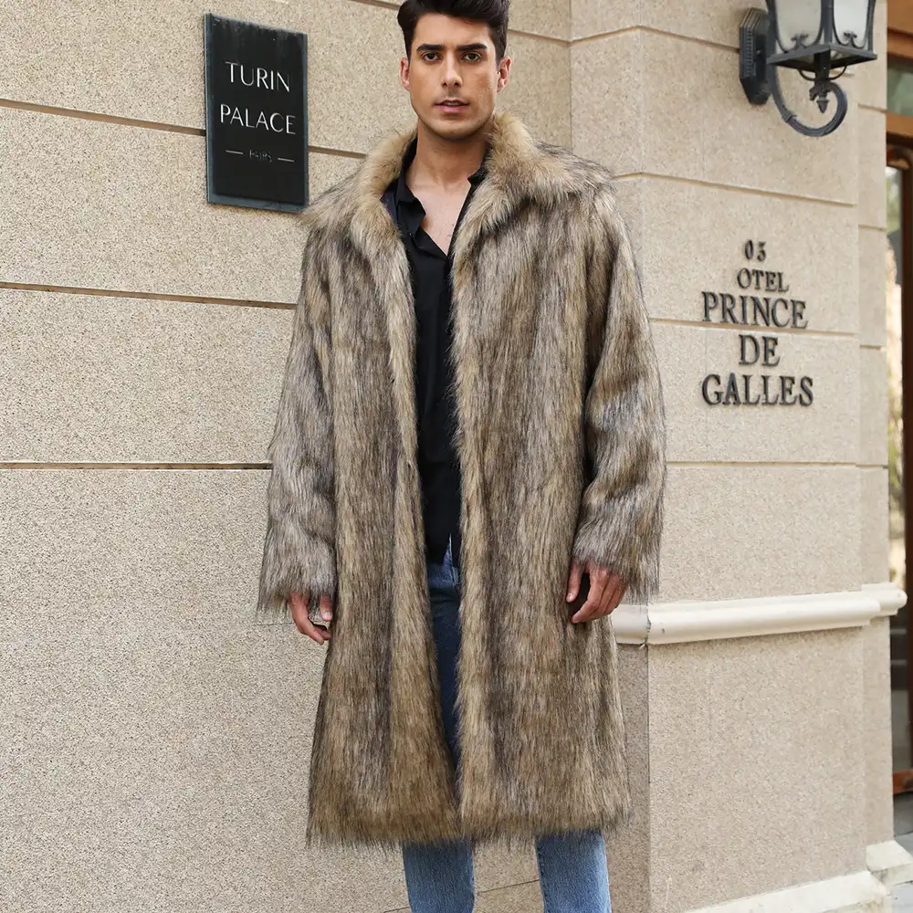 Men's Faux-Fur Collared Long Coat 05