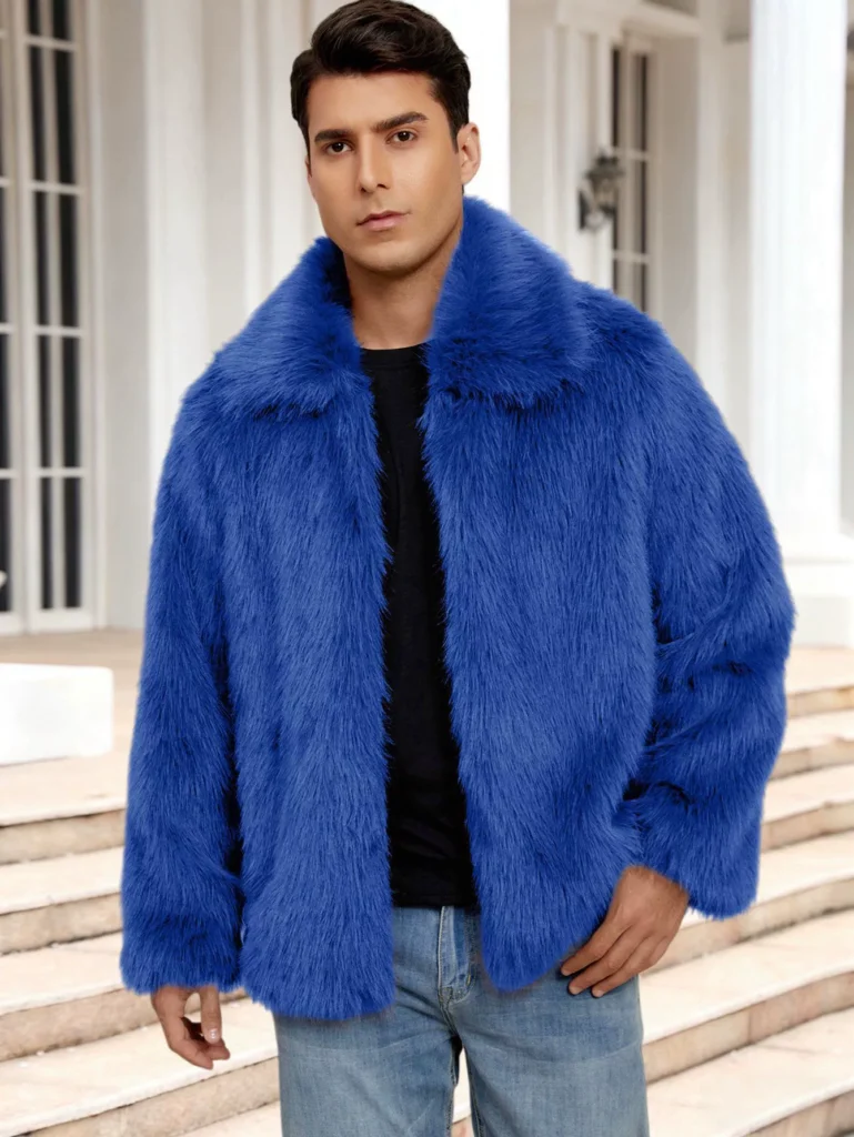 Men's Lapel-Collared Short Faux Fur Jacket 01