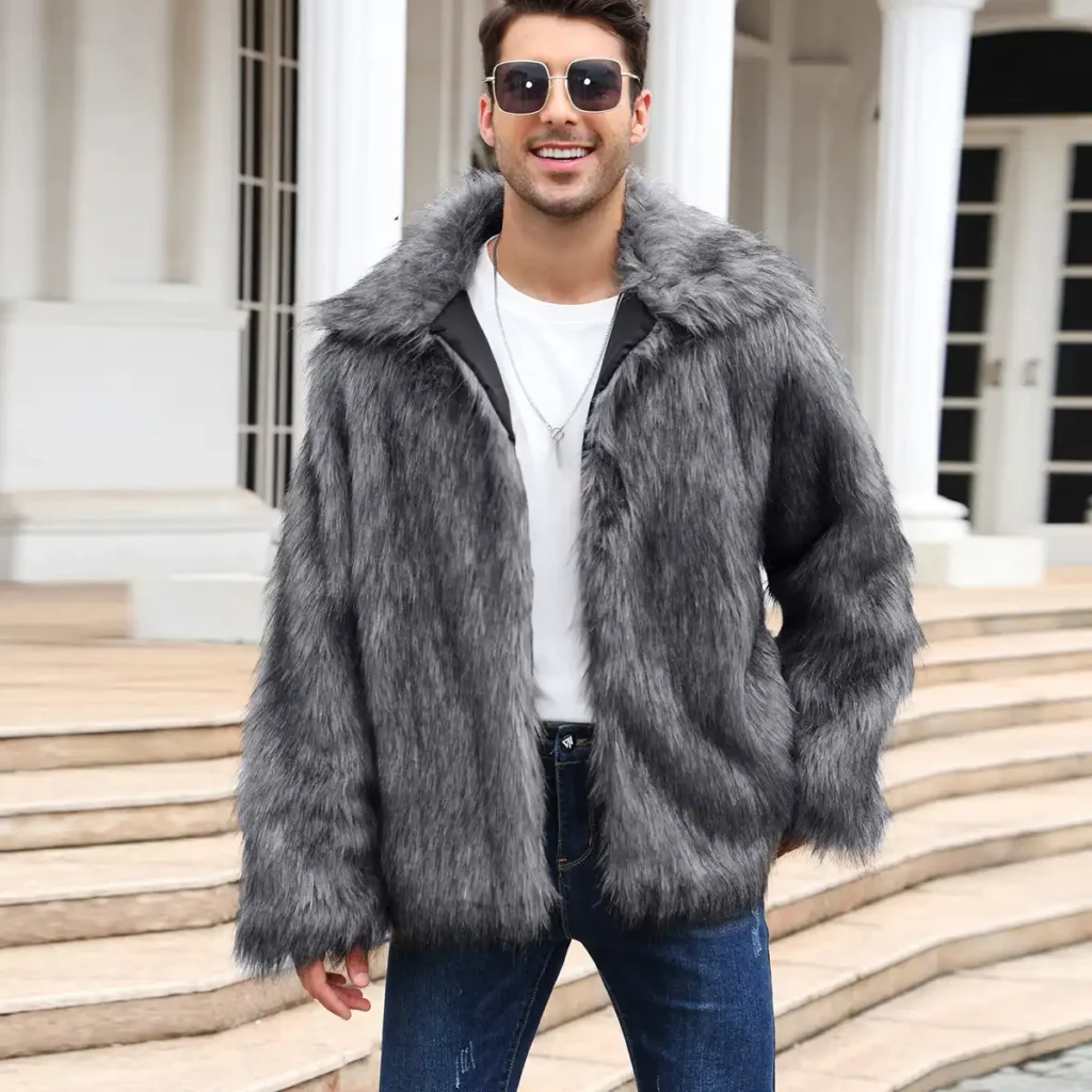 Men's Lapel-Collared Short Faux Fur Jacket 02