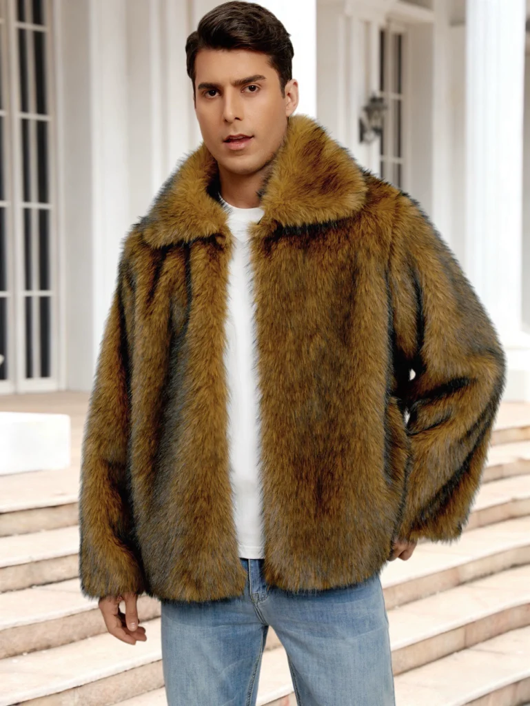 Men's Lapel-Collared Short Faux Fur Jacket 03