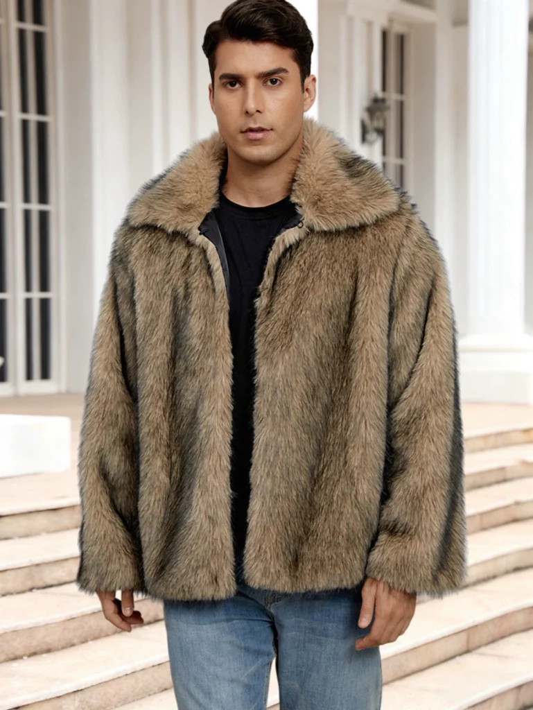 Men's Lapel-Collared Short Faux Fur Jacket 04