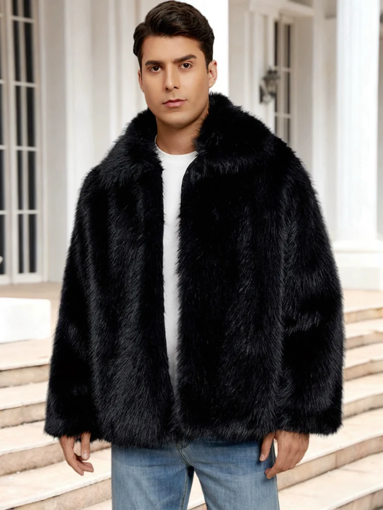 Men's Lapel-Collared Short Faux Fur Jacket 05