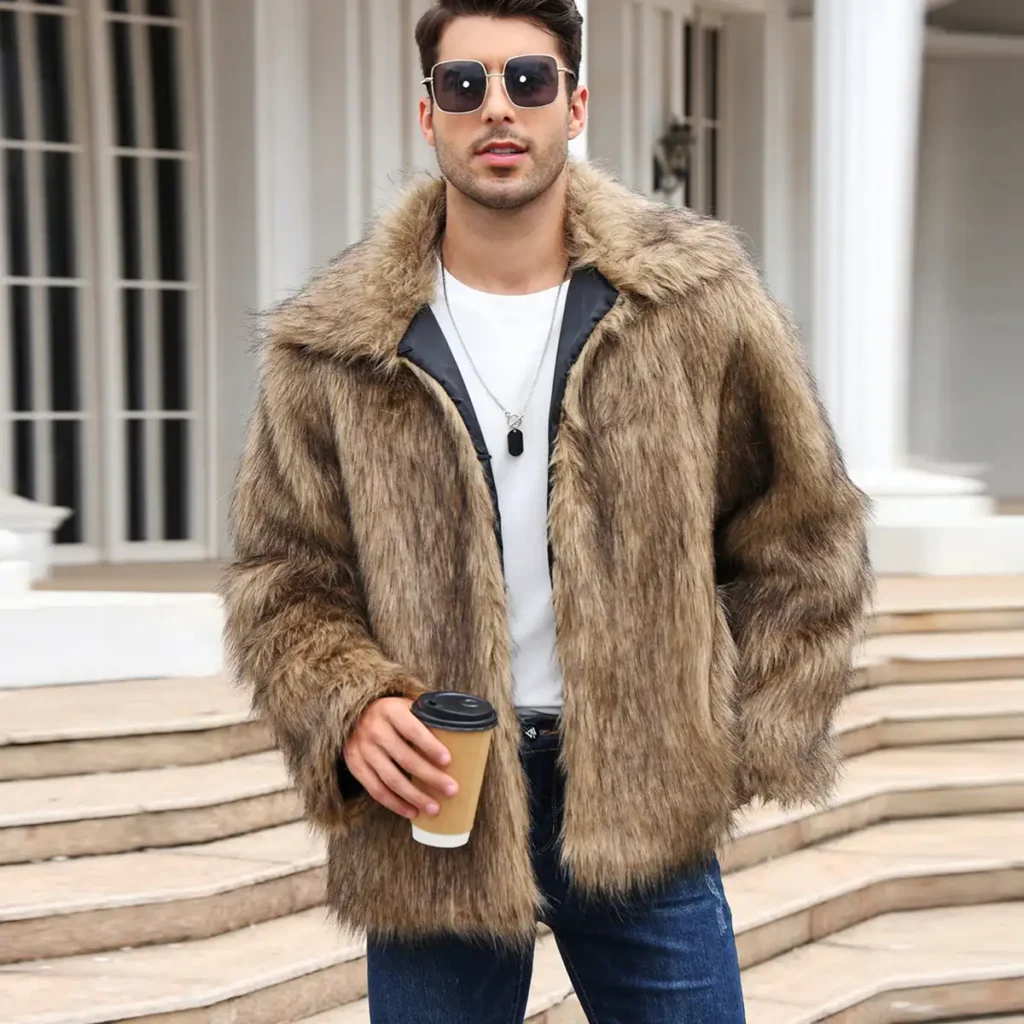 Men's Lapel-Collared Short Faux Fur Jacket 08