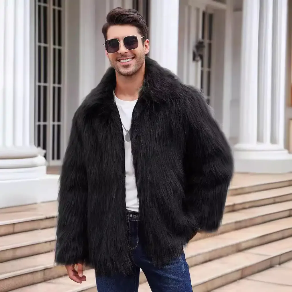 Men's Lapel-Collared Short Faux Fur Jacket 10