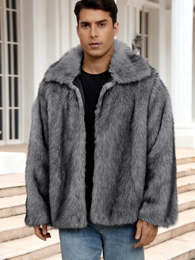 Men's Lapel-Collared Short Faux Fur Jacket 11